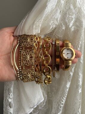 Gold Tone Mixed Bracelet Stack with Small Round Watch